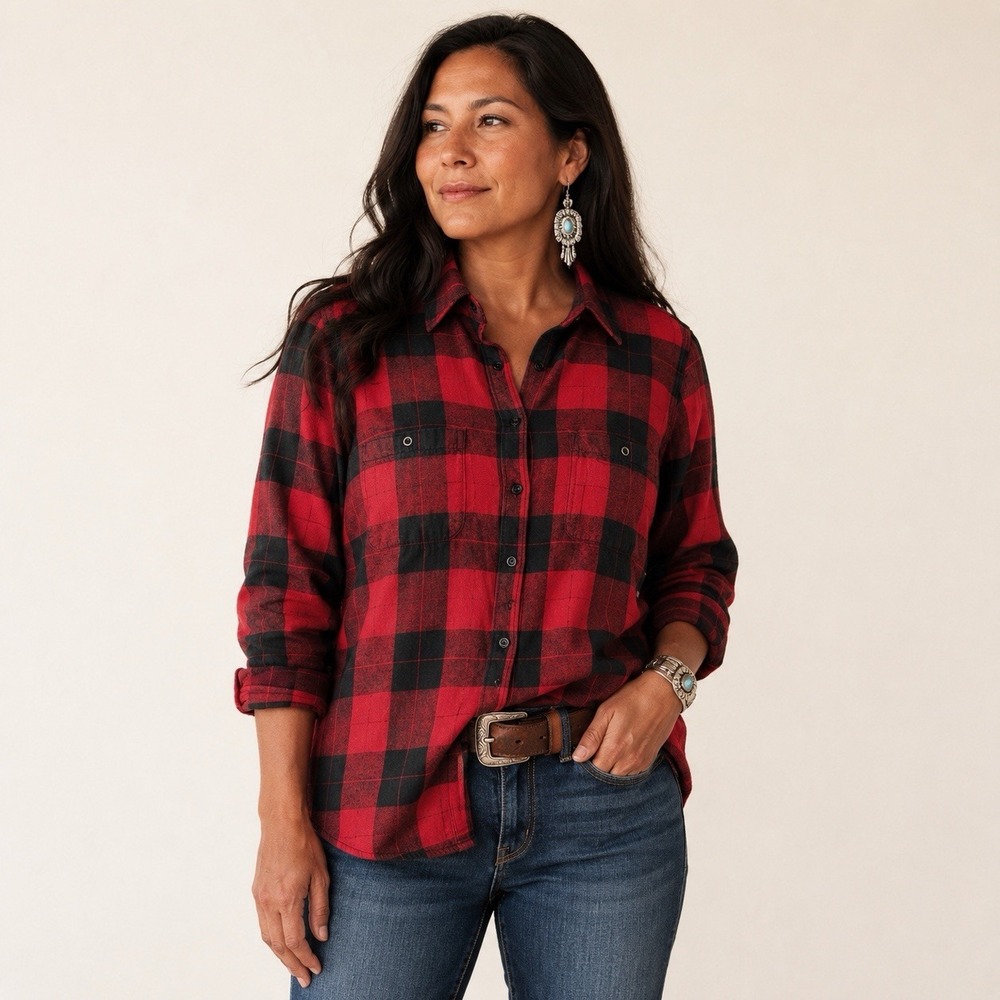 St John's Bay Flannel Shirt Women's L Red Black Plaid Button Up Cotton Americana